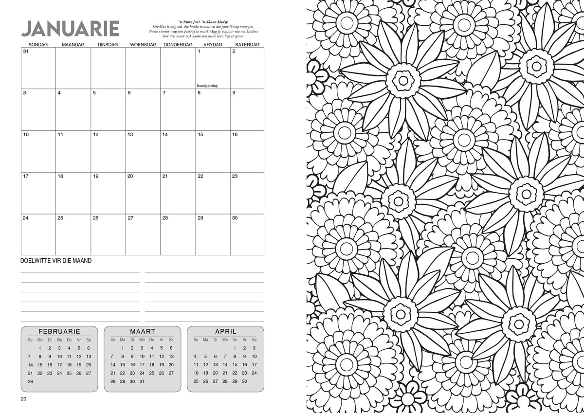 A4 Hardeband Onderwysersbeplanner 2027 - Daisies pienk